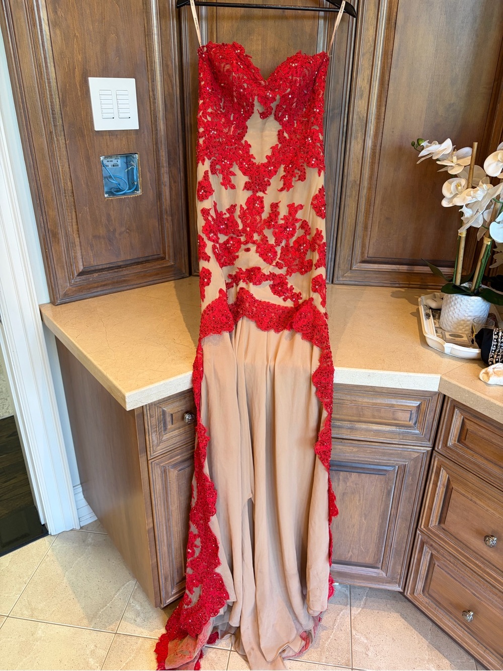 Sherri Hill Red Lace Appliqué Gown on Nude Base